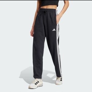 NWT adidas Women's Medium Essentials 3-Stripes Open Hem Terry Pants Black M